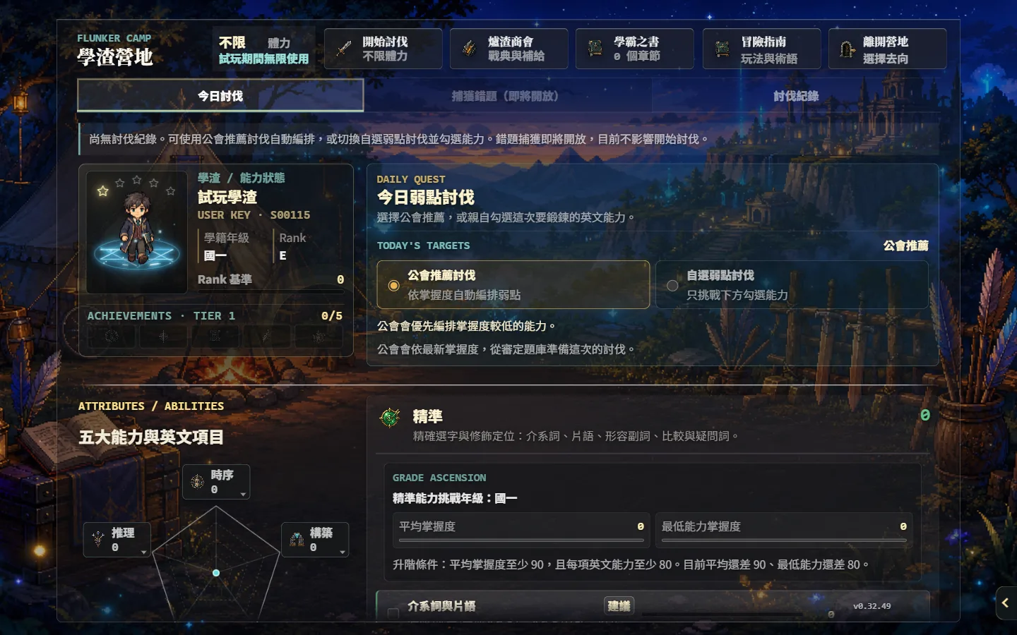 學渣營地畫面：五大能力掌握度雷達與公會推薦的弱點討伐